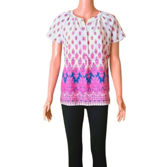 Talbots Split Neck Tunic Top SP White Pink Blue Floral Blouse with Side Slits - Picture 2 of 8